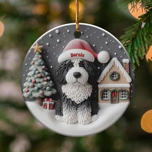 Christmas Ornament, Bernedoodle Portrait - Glossy Ceramic Keepsake | Sublimation Holiday Decor | 3 Inch Heirloom Tree Gift image 1
