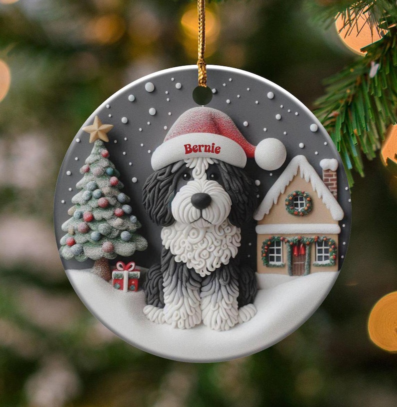 Christmas Ornament, Bernedoodle Portrait - Glossy Ceramic Keepsake | Sublimation Holiday Decor | 3 Inch Heirloom Tree Gift image 1
