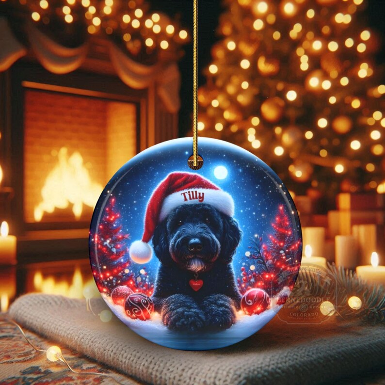 This festive ornament features an adorable black doodle wearing a Santa hat, surrounded by soft glowing holiday lights and rich red Christmas tones. The warm lighting highlights the dog’s fluffy black fur, giving the design a bright, cheerful look that stands out on any tree. A perfect personalized keepsake for anyone who loves black doodles and joyful holiday décor.