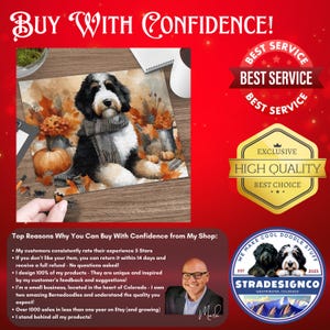 K&ouml;nnte beinhalten: Ein Puzzle mit einem Bernedoodle-Hund, der einen Schal tr&auml;gt, umgeben von Herbstbl&auml;ttern und K&uuml;rbissen. Das Bild enth&auml;lt den Text BUY WITH CONFIDENCE, BEST SERVICE, HIGH QUALITY, BEST CHOICE und STRADESIGNCO mit Abbildungen von Hunden.