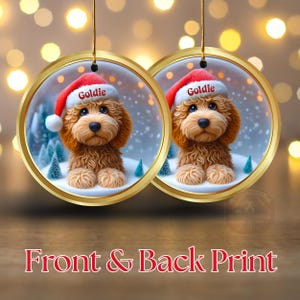 Goldendoodle ceramic 3 inch ornament in vibrant color and claymation style design.  Full gloss and printed on both sides.  It's hung with a gold string.