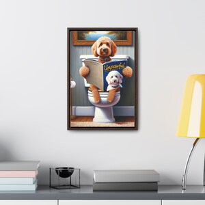 bathroom wall art,dog bathroom art,dog on toilet,doodle,doodle art,doodle on toilet,funny bathroom art,funny dog portrait,goldendoodle,goldendoodle art,goldendoodle gifts,pet illustration,wall art