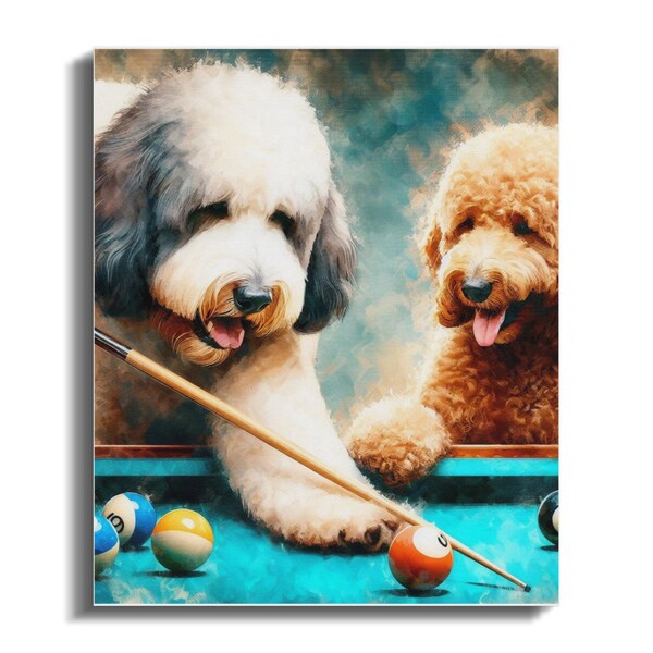 Doodle Dogs Playing Pool Canvas Art, Man Cave Decor (20x24)