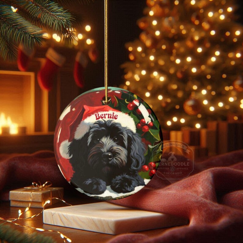 A black bernedoodle dog wearing a santa hat that is personalized with their name on it in this adorable Ceramic ornament!  Design appears on the front and the back of this doodle dog ornament!