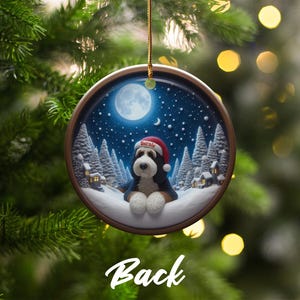 Christmas tree ornament, cute dog with Santa hat, snowy winter scene, festive holiday decoration, unique gift idea