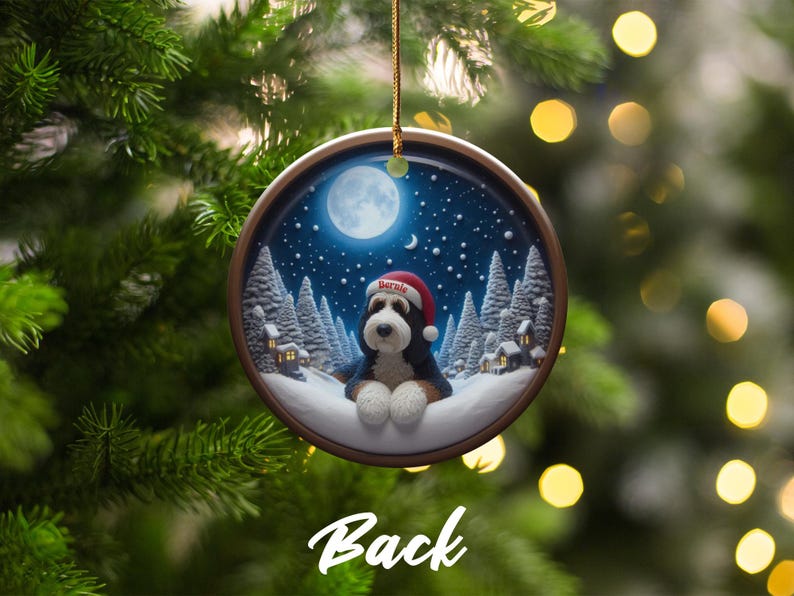 Christmas tree ornament, cute dog with Santa hat, snowy winter scene, festive holiday decoration, unique gift idea
