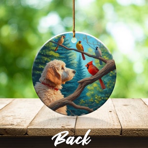 Keramikornament mit Kardinal und Goldendoodle, Design im Ölgemälde-Stil, Geschenk für Kardinalliebhaber, Muttertag, Vogelliebhaber, Geschenk für Doodle-Mütter Bild 7