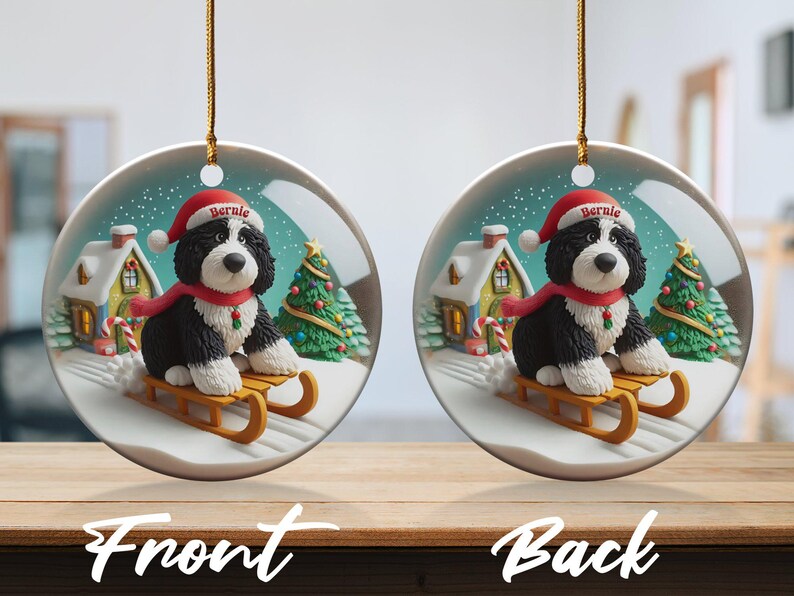 Dog Sled Snowglobe, Custom Bernedoodle Ornament | Ceramic | Double-Sided Sublimation Print, Holiday Tree Charm, 3 Inch immagine 7