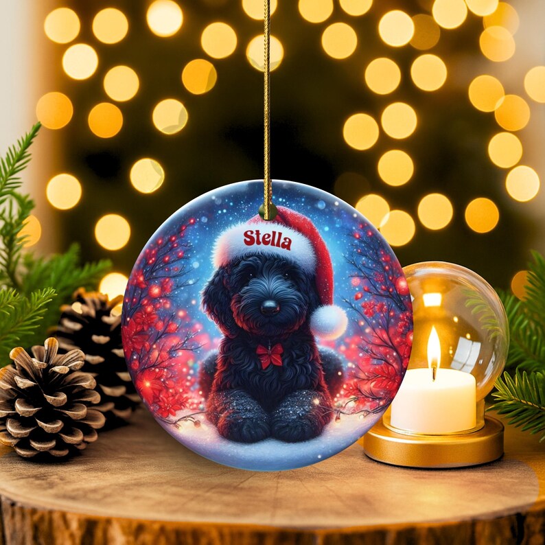 Capture the magic of the season with this adorable black Goldendoodle puppy wearing a festive Santa hat, surrounded by glowing red berries and twinkling snowflakes! Perfect personalized Christmas tree ornament for doodle parents. Add your dog's name (like "Stella") for a heartfelt touch. High-quality ceramic, vibrant print, gold string included. Ideal dog mom/dad gift, stocking stuffer, or memorial keepsake. Handmade holiday charm!