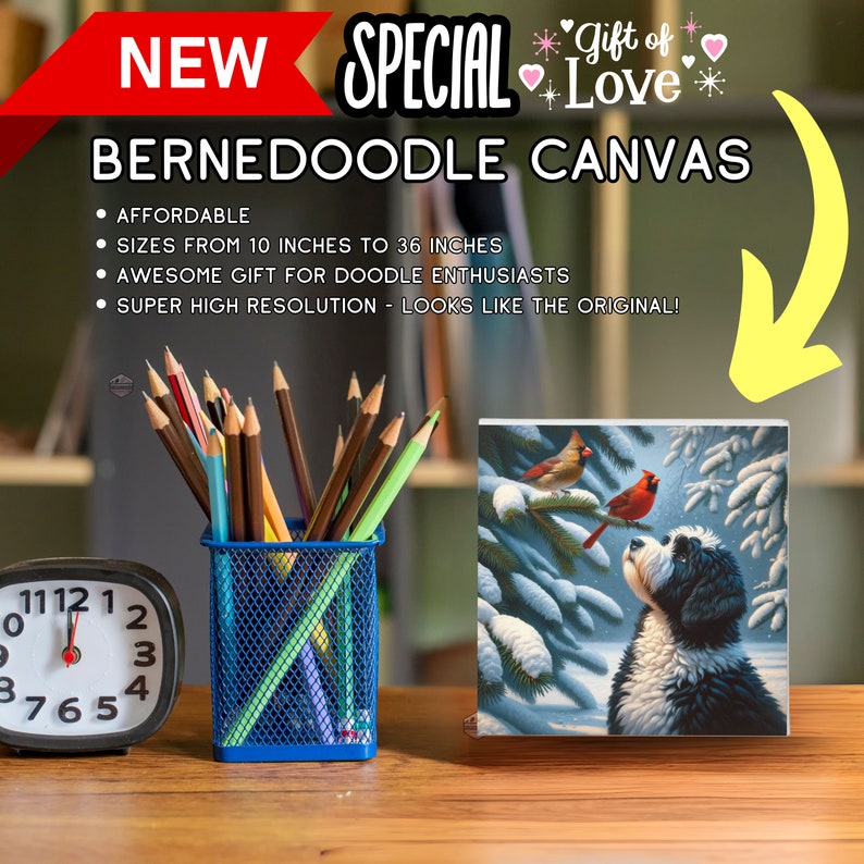 Bernedoodle canvas art, cardinal bird print, mid-west woods decor, dog and nature wall art, cotton canvas print, indoor vibrant artwork, 100% cotton art, detailed animal canvas, large wall canvas, pet lover gift, nature-inspired decor. Superbowl gift