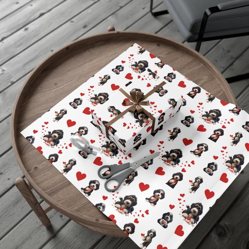 Bernedoodle wrapping paper for all occasions, valentines wrapping paper,valentines wrap, gift wrap bernedoodle, doodle paper, doodle gift wrap, birthday bernedoodle wrap, goldendoodle, merle doodle, doodle paper gifting.