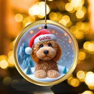 Goldendoodle ceramic 3 inch ornament in vibrant color and claymation style design.  Full gloss and printed on both sides.  It's hung with a gold string.