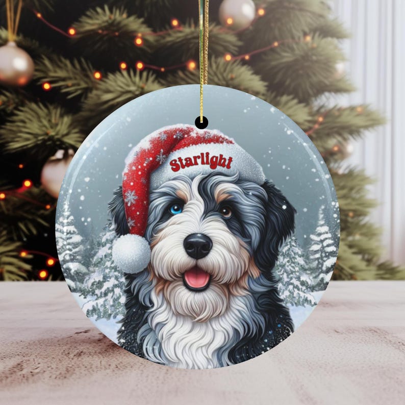 Merle Bernedoodle Ceramic Ornament, showcasing stunning blue and brown eyes. Personalized ornament with your dogs name