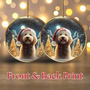Goldendoodle ceramic ornament, personalized with the dog's name on the Santa Hat!  The piece is 3 inches in diameter and designed in a beautiful ink and oil design.  Front and back print!