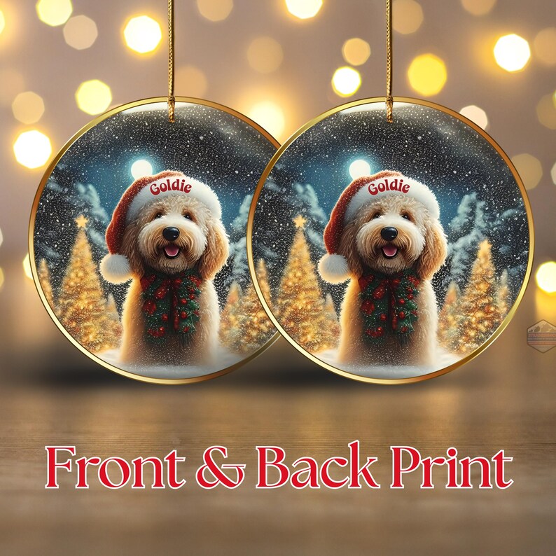 Goldendoodle ceramic ornament, personalized with the dog's name on the Santa Hat!  The piece is 3 inches in diameter and designed in a beautiful ink and oil design.  Front and back print!