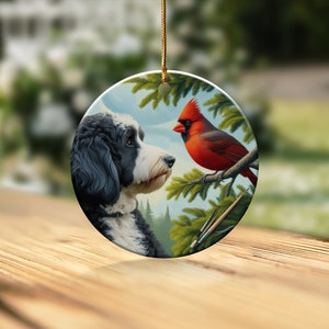 Cardinal and Bernedoodle Dog Ceramic Ornament, Oil Paint Style Design, Cardinal Lovers Gift, Mothers Day, Bird Lovers, Custom Crafted Design