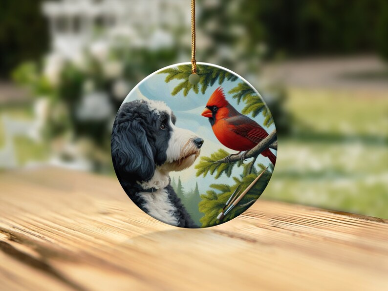 Cardinal and Bernedoodle Dog Ceramic Ornament, Oil Paint Style Design, Cardinal Lovers Gift, Mothers Day, Bird Lovers, Custom Crafted Design