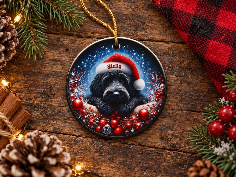 May include: A round ceramic Christmas ornament featuring a black dog wearing a red Santa hat with the name Stella printed on the brim. The dog is surrounded by red ornaments, berries, and a snowy background, hanging from a gold string.