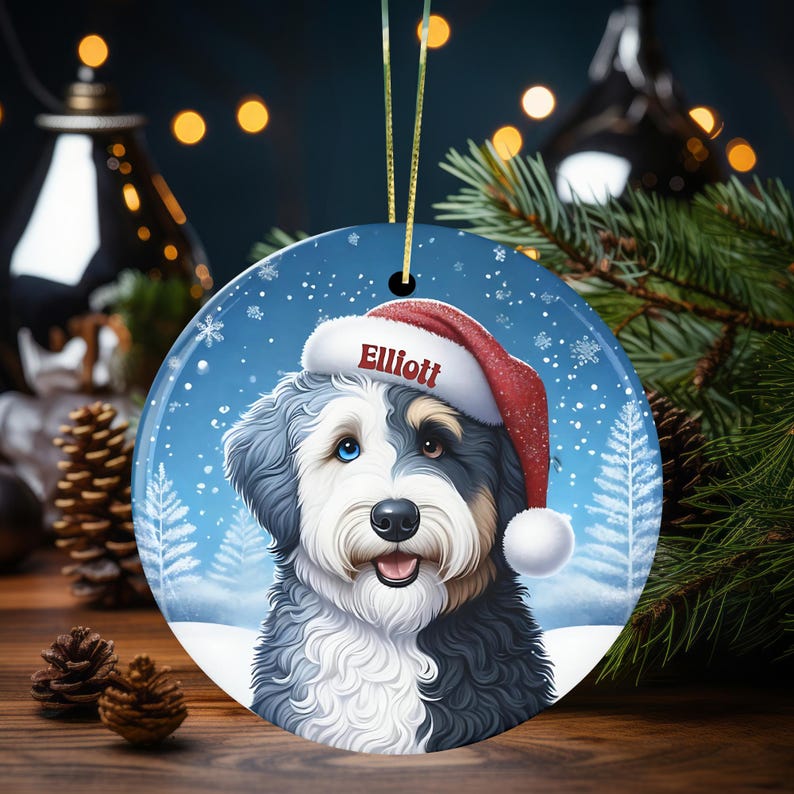 Merle Bernedoodle Ceramic Ornament, showcasing stunning blue eyes. Personalized ornament with your dogs name