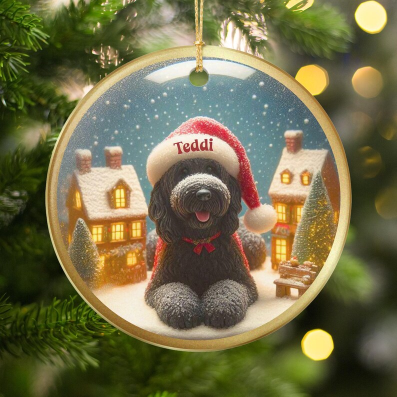 Christmas tree ornament featuring festive dog, holiday decoration, cute dog with Santa hat, cozy winter scene, Xmas gift idea