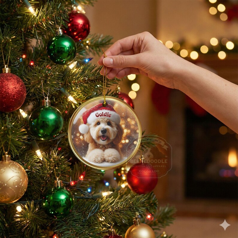 Keramik-Weihnachtsmannmütze, personalisierter Goldendoodle-Weihnachtsbaumschmuck | Sublimationsdruck | 7,6 cm (3 Zoll) Baumdekoration, individuelles Haustier-Andenken, Weihnachtsgeschenk Bild 12
