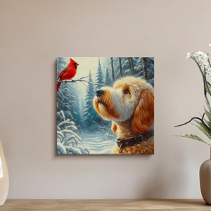 Bernedoodle- und Kardinal-Winter-Leinwandbild, Geschenk für Hundeliebhaber Bild 7