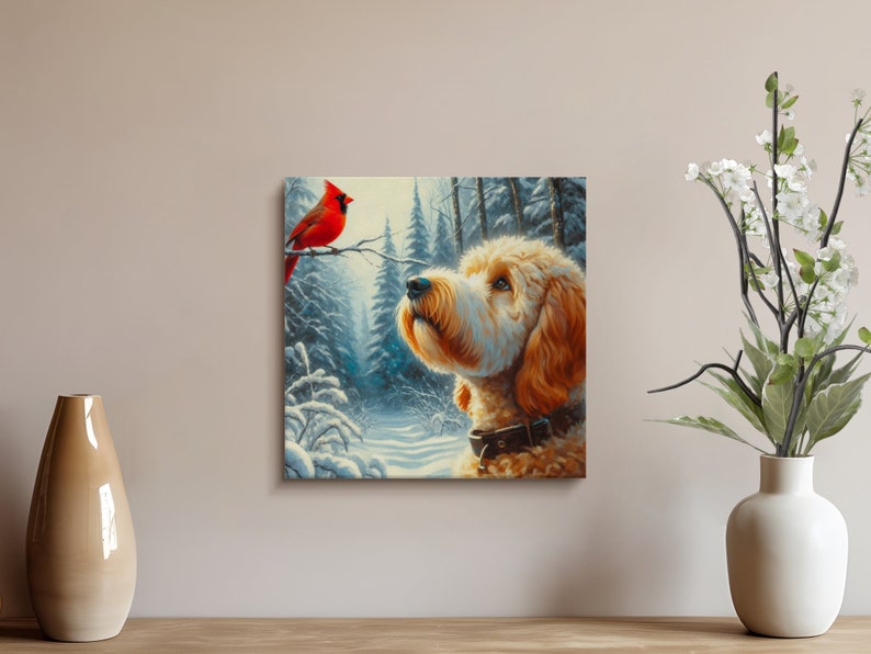 Bernedoodle- und Kardinal-Winter-Leinwandbild, Geschenk für Hundeliebhaber Bild 7