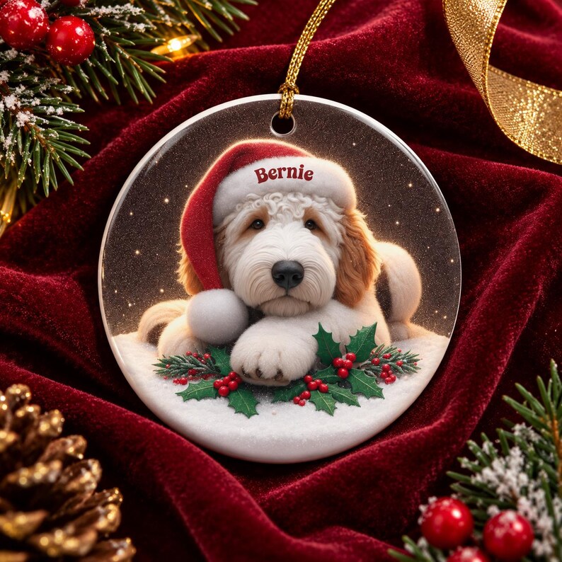 May include: A round ceramic Christmas ornament featuring a fluffy gold and white dog wearing a red Santa hat with the name Bernie printed on the brim. The dog rests on a snowy surface decorated with green holly leaves and red berries.