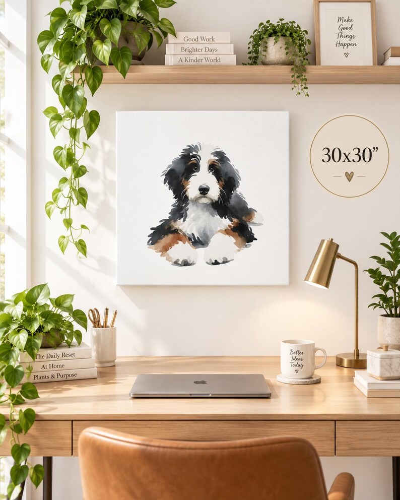 Puede incluir: Un lienzo cuadrado con una ilustraci&oacute;n en acuarela de un cachorro de boyero de Berna con pelaje negro, blanco y marr&oacute;n. La obra de arte est&aacute; etiquetada con el texto 30x30 pulgadas y un peque&ntilde;o s&iacute;mbolo de coraz&oacute;n, exhibida en una pared.