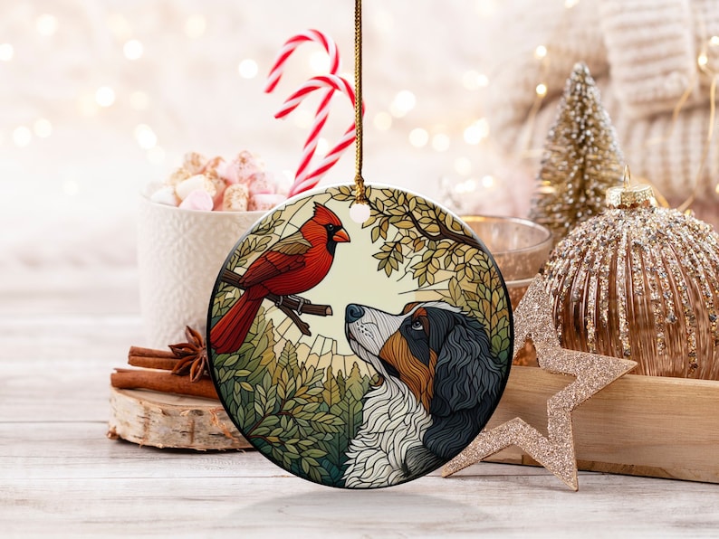 Cardinal and Bernese Mountain Dog Ceramic Ornament, Oil Paint Style Design, Cardinal Lovers Gift, Mothers Day, Bird Lovers, Custom Bird and Dog Gift