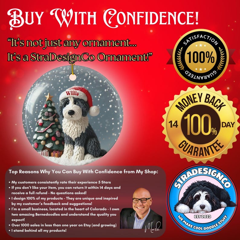 Personalized Sheepadoodle Christmas Ornament, Snow Globe Art Dog Keepsake | Two-Sided Ceramic 3 Inch | Doodle Mom Gift image 18