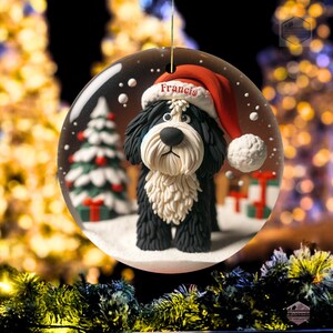 Cute Bernedoodle Ornament featuring a clay style ornament peering at the magic of Christmas.  Personalized Ornament and great gift for any doodle mom or doodle dad.