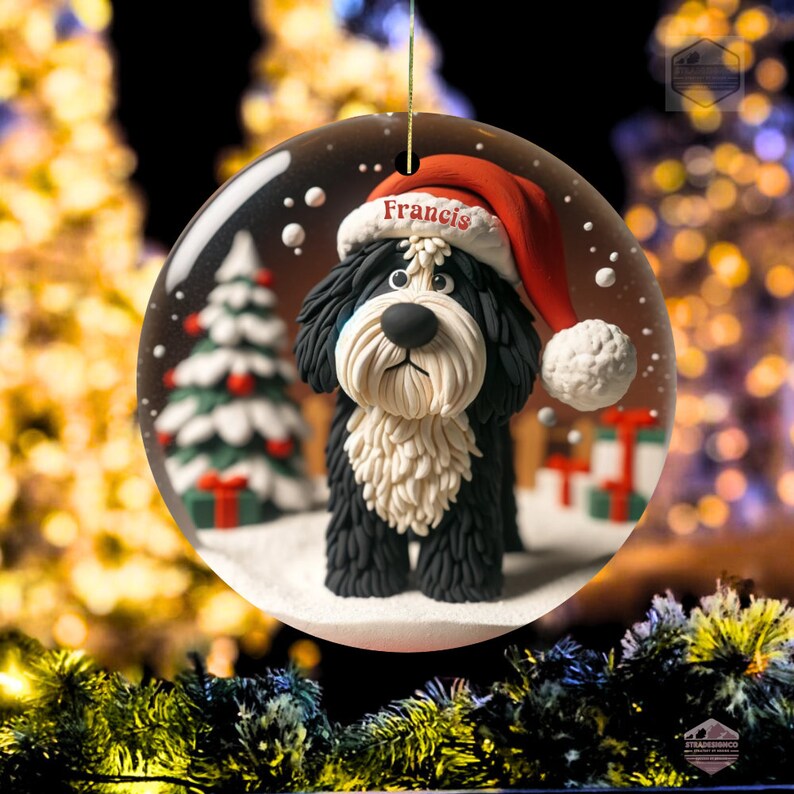 Cute Bernedoodle Ornament featuring a clay style ornament peering at the magic of Christmas.  Personalized Ornament and great gift for any doodle mom or doodle dad.