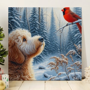 Cuadro decorativo sobre lienzo con escena invernal del cardenal Bernedoodle imagen 4