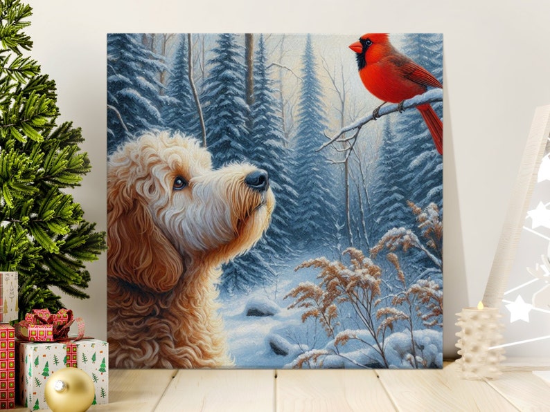 Cuadro decorativo sobre lienzo con escena invernal del cardenal Bernedoodle imagen 4