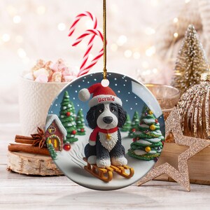 Bernedoodle Ornament, Festive Dog Sled - Snow Globe Style (3 Inch Ceramic, Sublimation) immagine 2