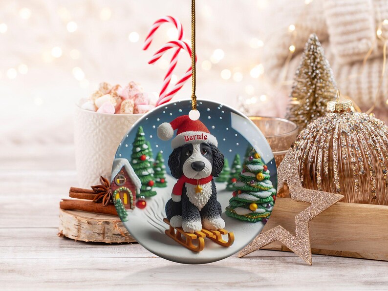 Bernedoodle Ornament, Festive Dog Sled - Snow Globe Style (3 Inch Ceramic, Sublimation) immagine 2