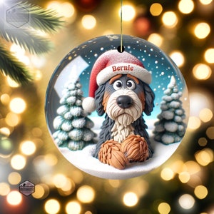Cute clay style bernedoodle looking worried that Santa isn't coming.  Personalized bernedoodle ornament.