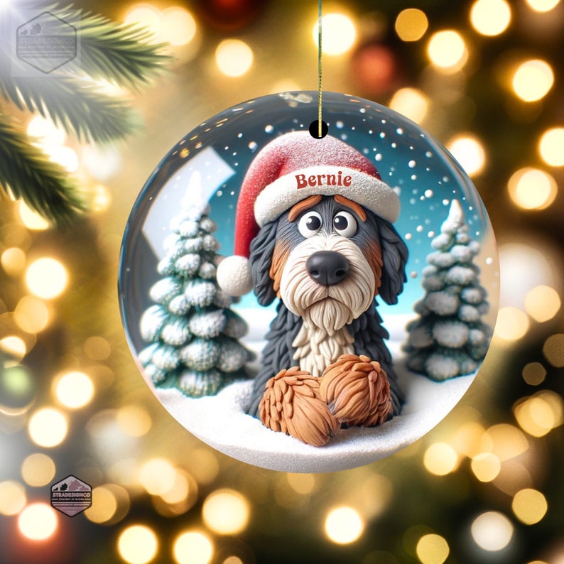 Cute clay style bernedoodle looking worried that Santa isn't coming.  Personalized bernedoodle ornament.