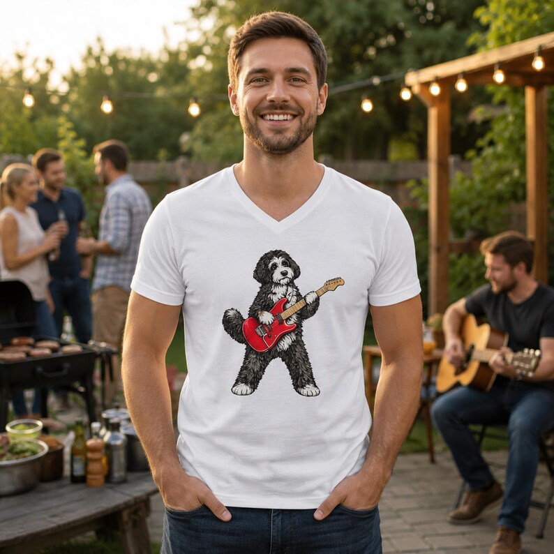 May include: A white V-neck t-shirt featuring a graphic illustration of a black and white dog standing on its hind legs while playing a bright red electric guitar. The dog has a fluffy coat and is positioned in the center of the shirt.