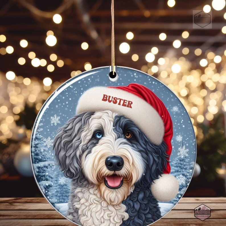Merle Bernedoodle Ceramic Ornament, showcasing stunning blue eyes. Personalized ornament with your dogs name