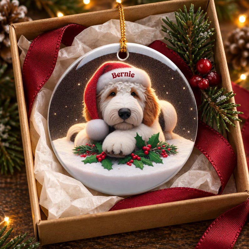 May include: A round ceramic Christmas ornament featuring a fluffy white and tan dog wearing a red Santa hat with the name Bernie printed on the brim. The dog rests on a snowy surface with green holly leaves and red berries in the foreground.
