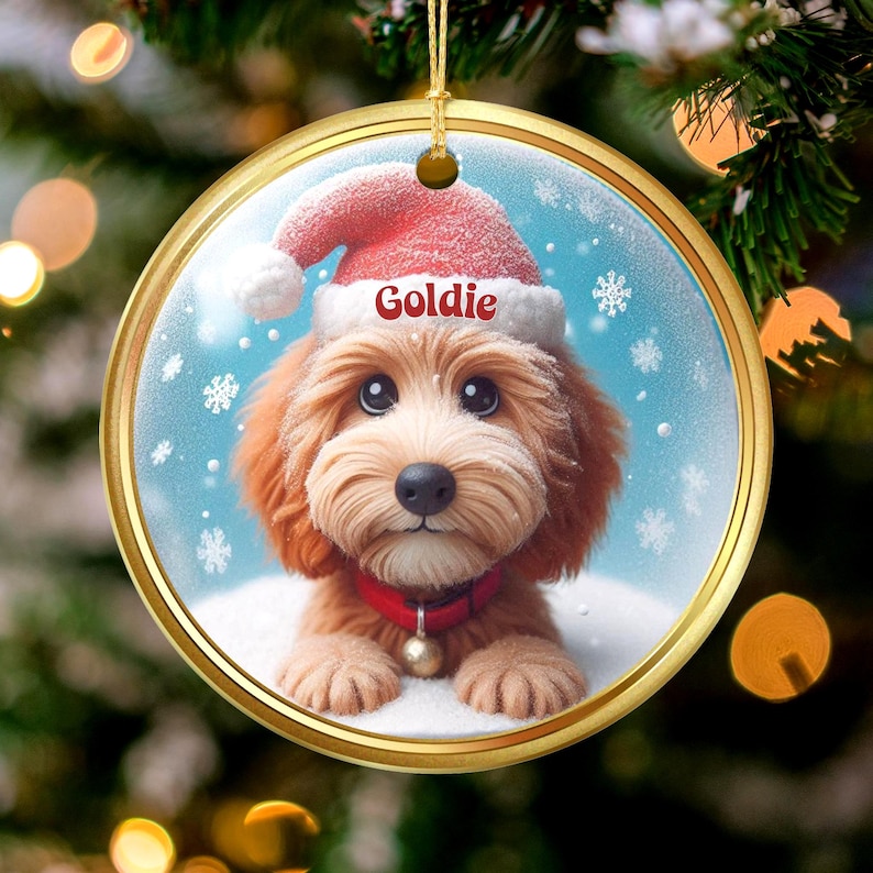 Holiday dog Christmas ornament, Cute puppy with Santa hat, Customizable name decoration, Personalized pet keepsake, Unique gift