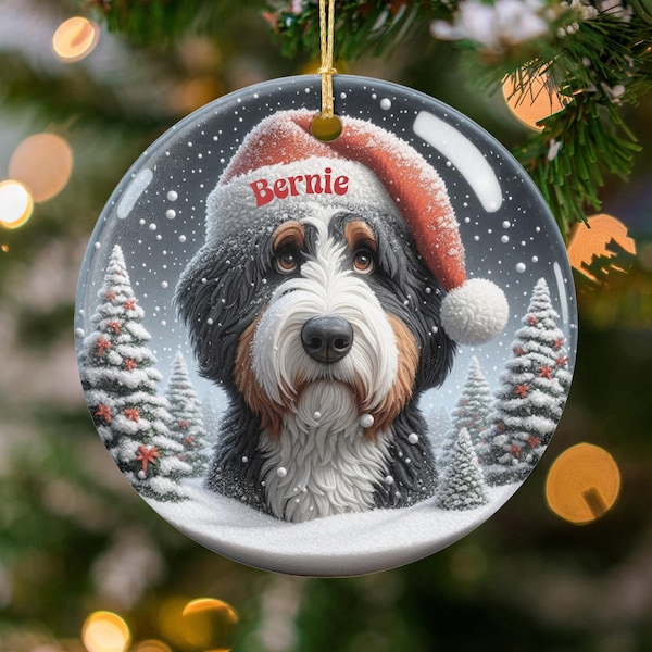 Santa Hat Ceramic, Bernedoodle Dog Ornament | Sublimation Keepsake | 3 Inch Two-Sided Glossy Winter Decor