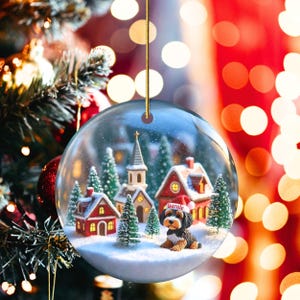 Snow globe style design personalized ceramic bernedoodle ornament with a warm backdrop Christmas dog ornament with festive winter scene.  Great gift idea for doodle moms and doodle dog lovers!