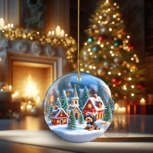 Snow globe style design personalized ceramic bernedoodle ornament with a warm backdrop Christmas dog ornament with festive winter scene.  Great gift idea for doodle moms and doodle dog lovers!