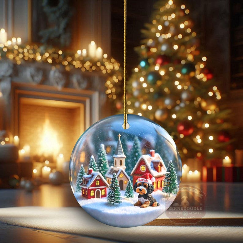 Snow globe style design personalized ceramic bernedoodle ornament with a warm backdrop Christmas dog ornament with festive winter scene.  Great gift idea for doodle moms and doodle dog lovers!