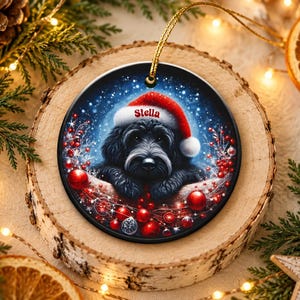 May include: A round ceramic Christmas ornament featuring a black dog wearing a red and white Santa hat with the name Stella printed on the brim. The dog is surrounded by red berries and ornaments against a dark blue, snowy background.
