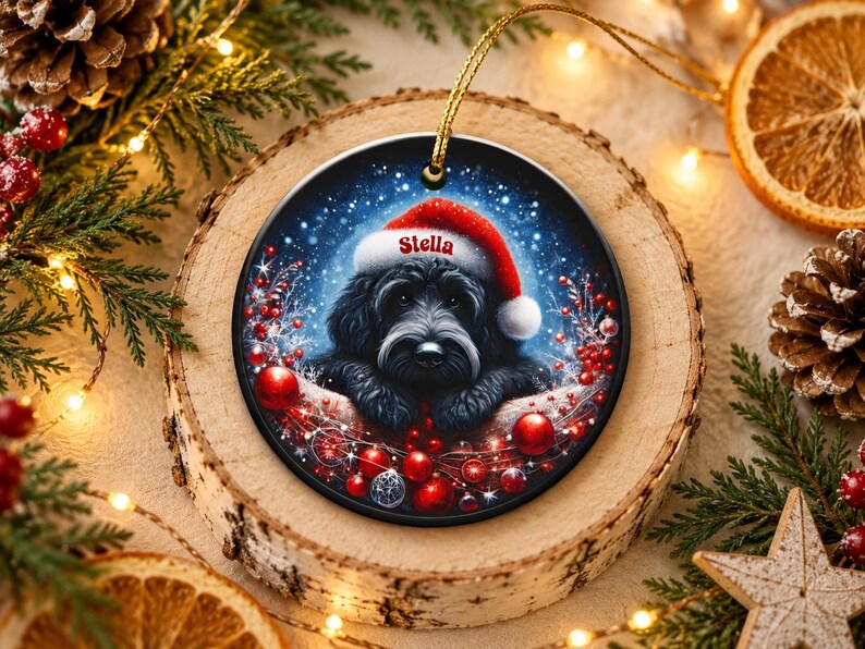 May include: A round ceramic Christmas ornament featuring a black dog wearing a red and white Santa hat with the name Stella printed on the brim. The dog is surrounded by red berries and ornaments against a dark blue, snowy background.