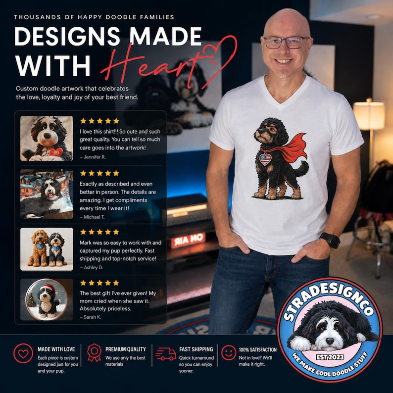 Hero Doodle Dog Fitted V-Neck Tee | Bernedoodle Superpup Graphic Shirt | Dog Lover Gift image 2
